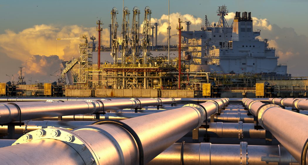 Pipelines,Leading,The,Lng,Terminal,And,The,Lng,Tanker.3d,Illustration.
